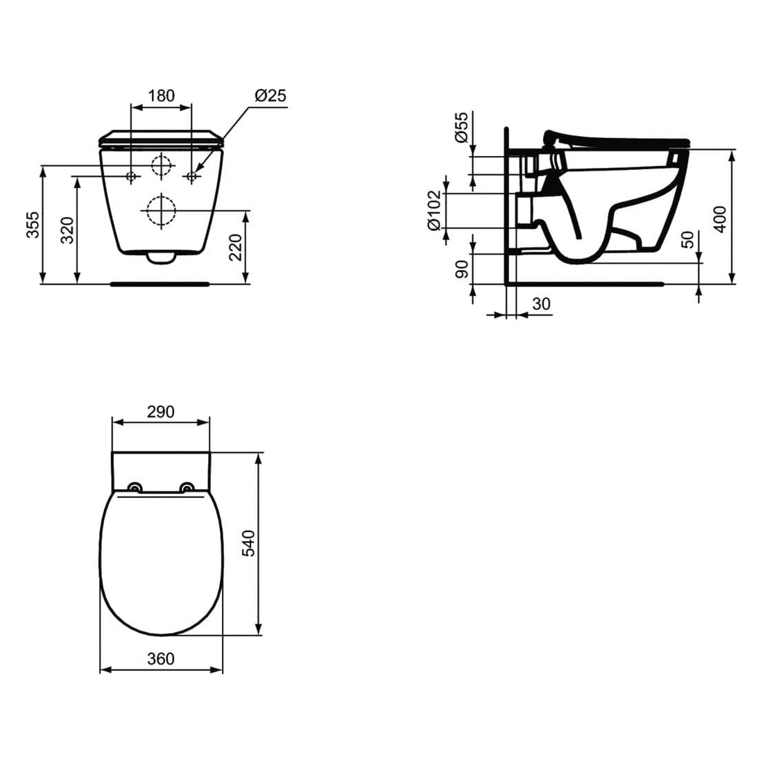 WC pakabinamas Ideal Standard Connect, su paslėptais tvirtinimais