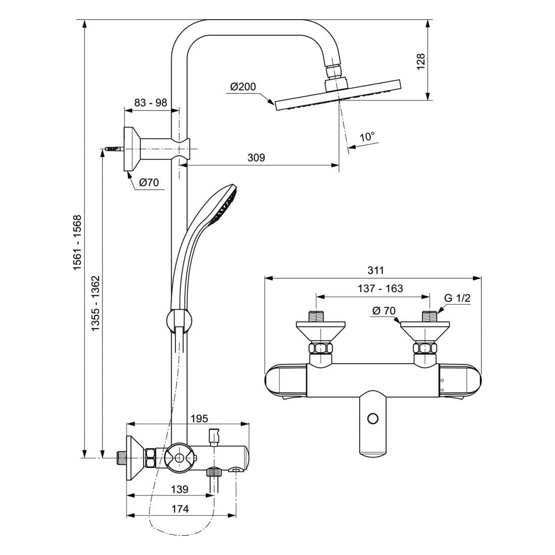 Stacionari dušo sistema Ideal Standard, Ceratherm 25, su termostatiniu vonios maišytuvu