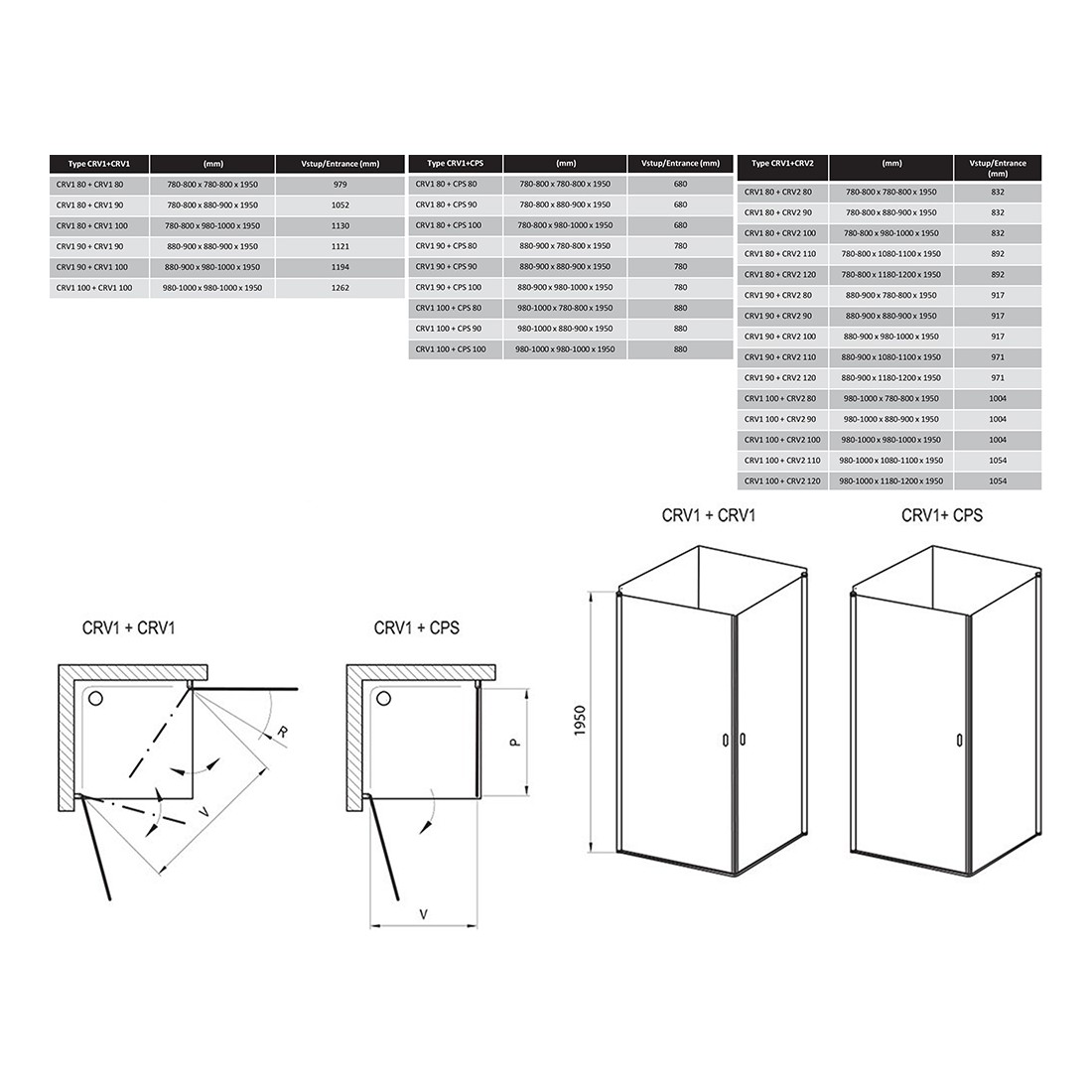 Stačiakampės dušo kabinos sienelė Ravak Chrome, CRV1-80, balta+stiklas Transparent